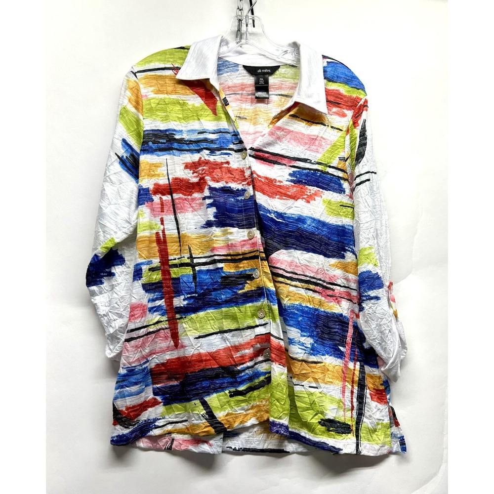 ALI MILES Crinkle Slub Abstract Print Collared Shirt Top Size XL Petite (D7)